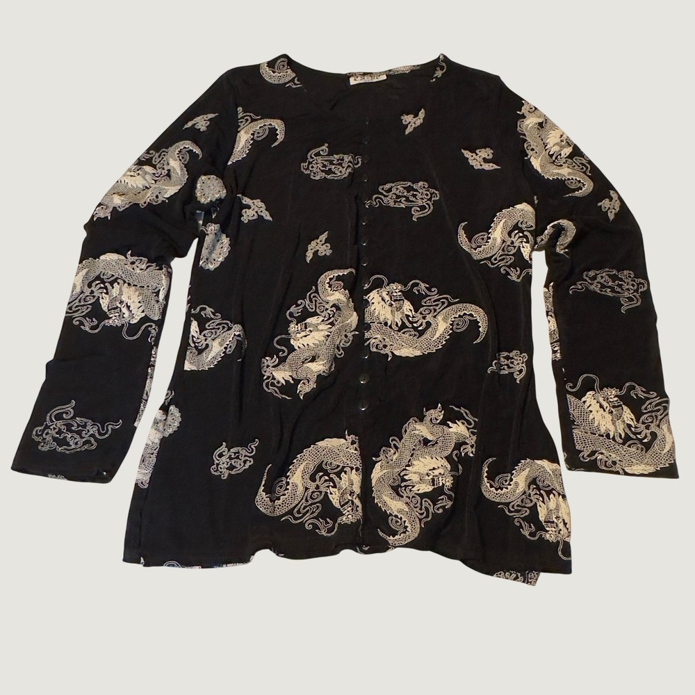 Vintage ES-SE USA Black Dragon Print Button Front Long Sleeve Top Size M Y2K